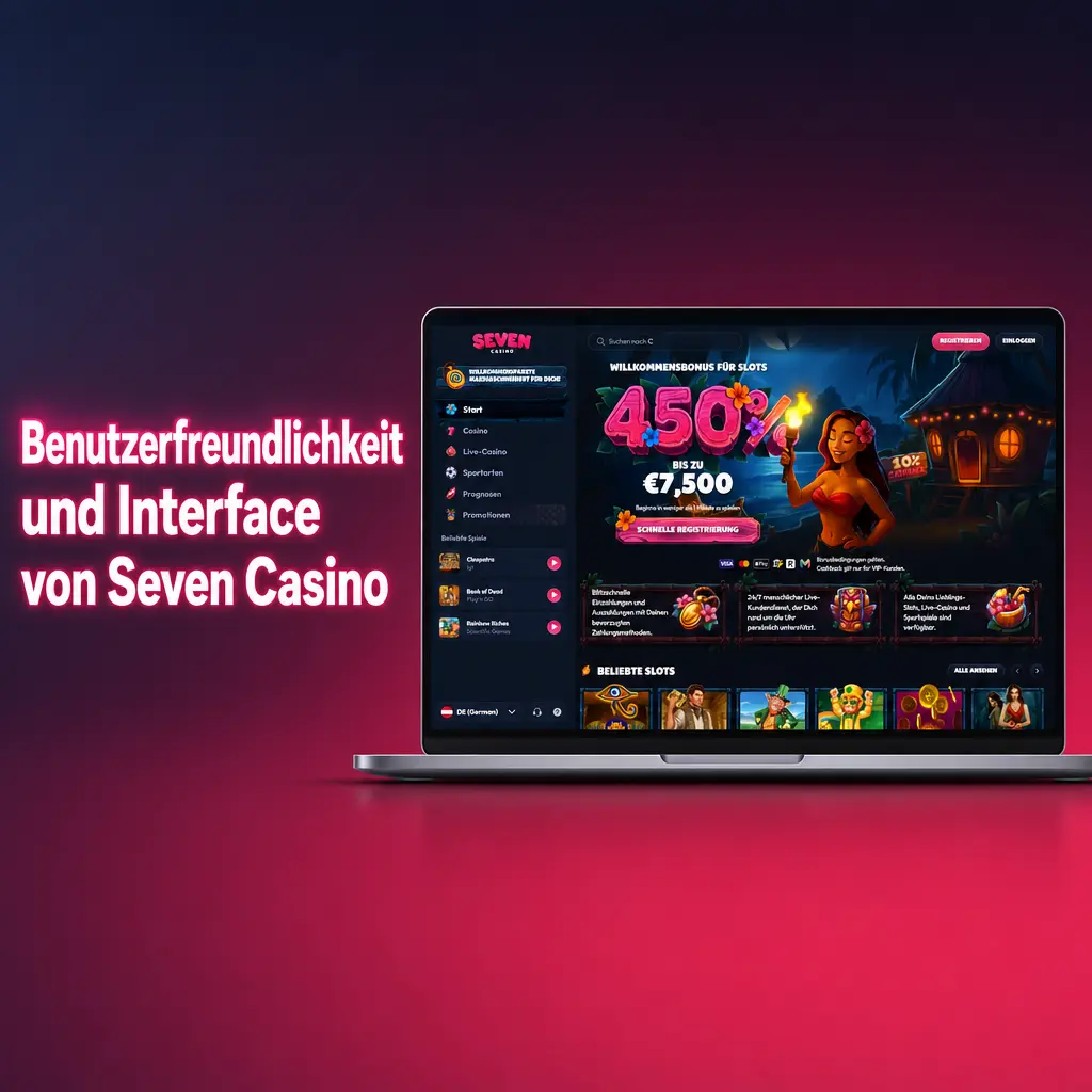 Dunkelblaue Benutzeroberfläche von Seven Casino mit pinken Akzenten und klarer Navigation.