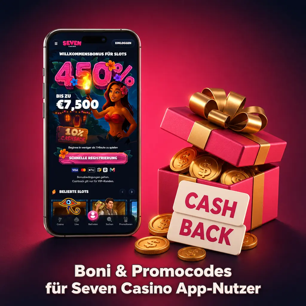 Übersicht der Boni und Promocodes in der Seven Casino App mit bis zu 7.500 EUR Willkommenspaket.