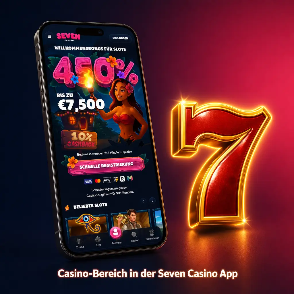 Casino-Bereich in der Seven Casino App mit mobilen Slots, Live-Tischen und Crash-Games.