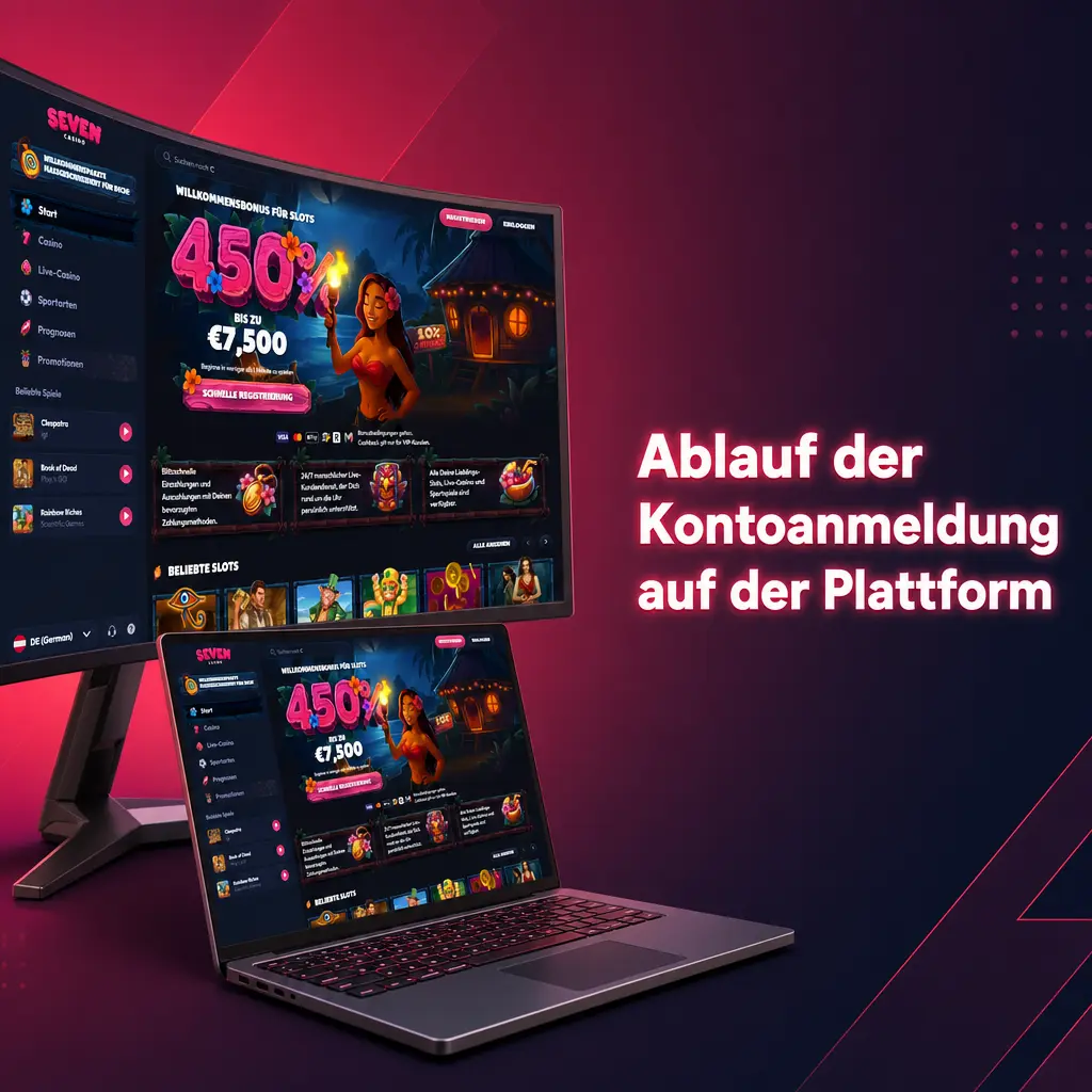 Ablauf der Kontoanmeldung im Seven Casino über E-Mail, Telefon oder Social Media.