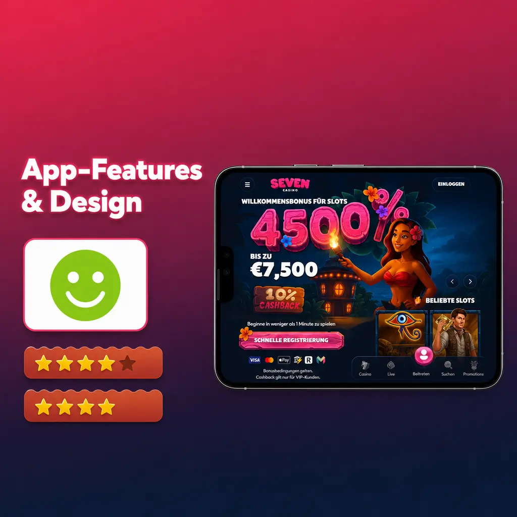 Mobiles Design der Seven Casino App mit benutzerfreundlicher Navigation und Casino-Features.