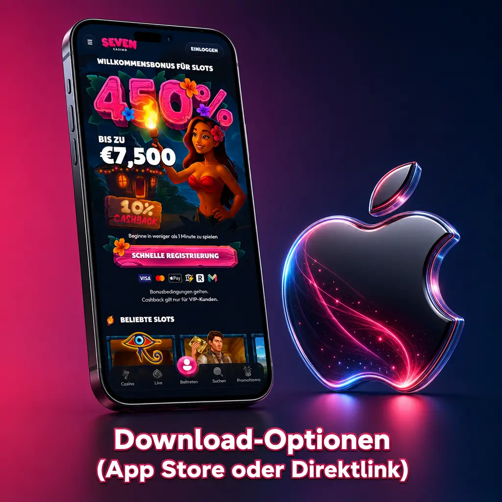 Download-Optionen und Button zur Installation der Seven Casino iOS Web-App.