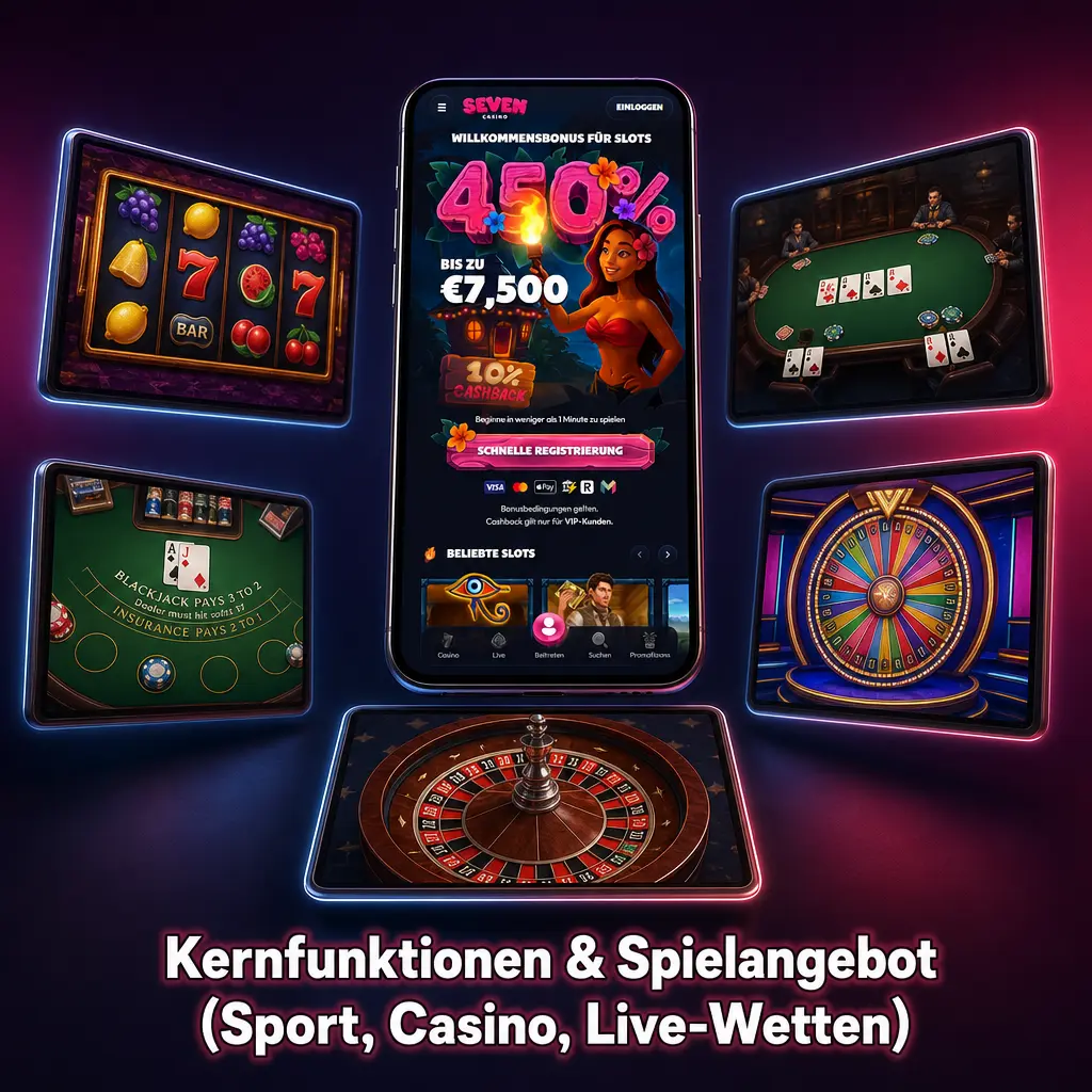 Übersicht der Wett-App mit Sportwetten, Live-Wetten, HD-Streams und über 3.000 Casino-Slots.