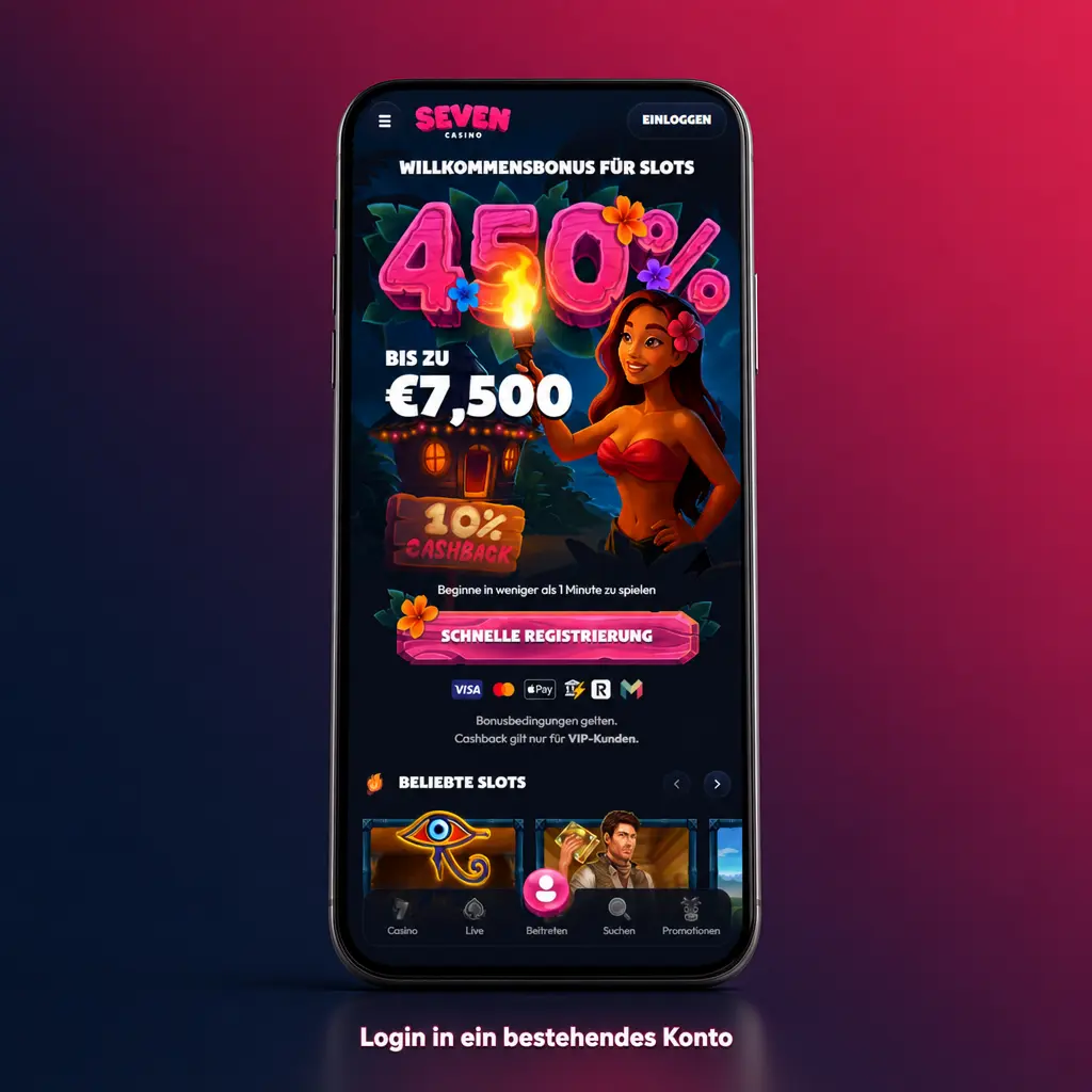 Anleitung für den Login in ein bestehendes Konto in der Seven Casino App.