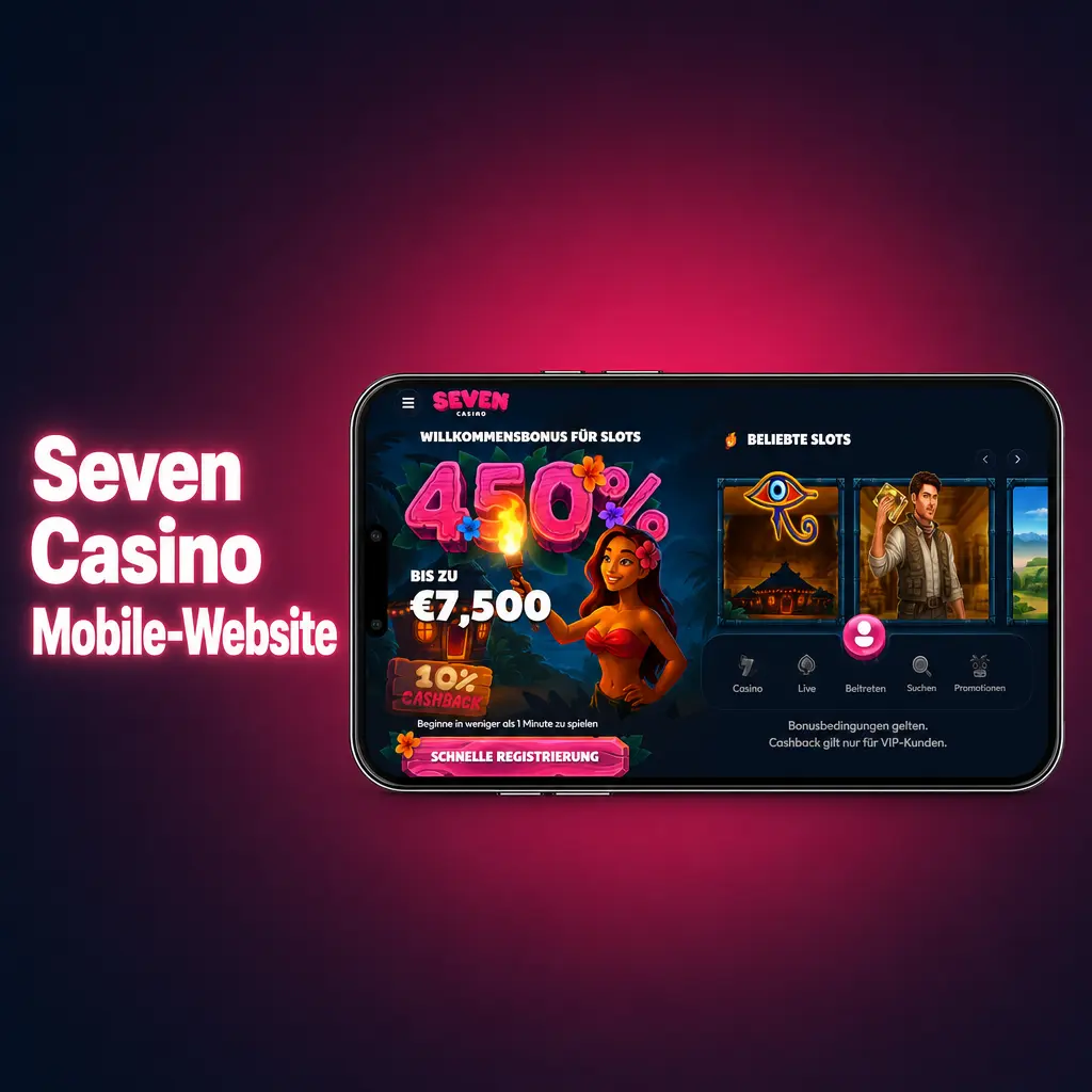 Responsive Seven Casino Mobile-Website im Browser für Casino-Spiele und Sportwetten ohne App-Download.